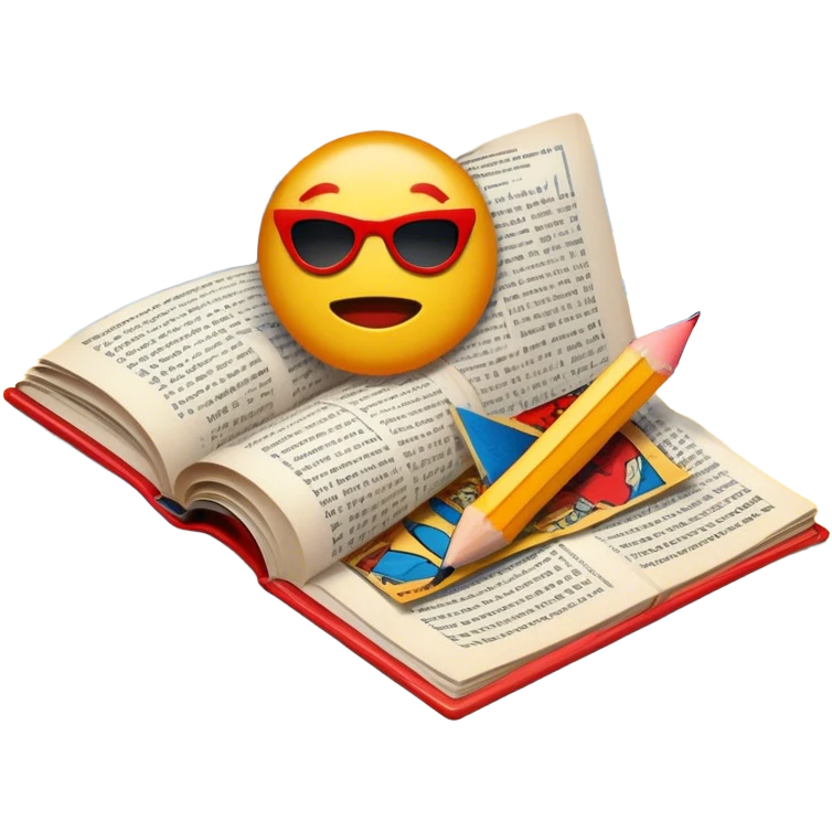 Create a vibrant emoji representing comic books and graphic novels. The design should feature a large, open comic book or vintage comic magazine with pages displaying classic American comic art, with text in Russian. The comic pages should have bold, dynamic panels and action scenes. Include a pencil writing on the pages, but without a hand, to symbolize the artistic creation of comics. Use bright colors like red, blue, and yellow, with a retro feel to the design. Make the background transparent. emoji