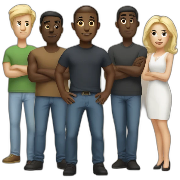 five dark-skinned men stand in a row behind a pale blonde woman emoji