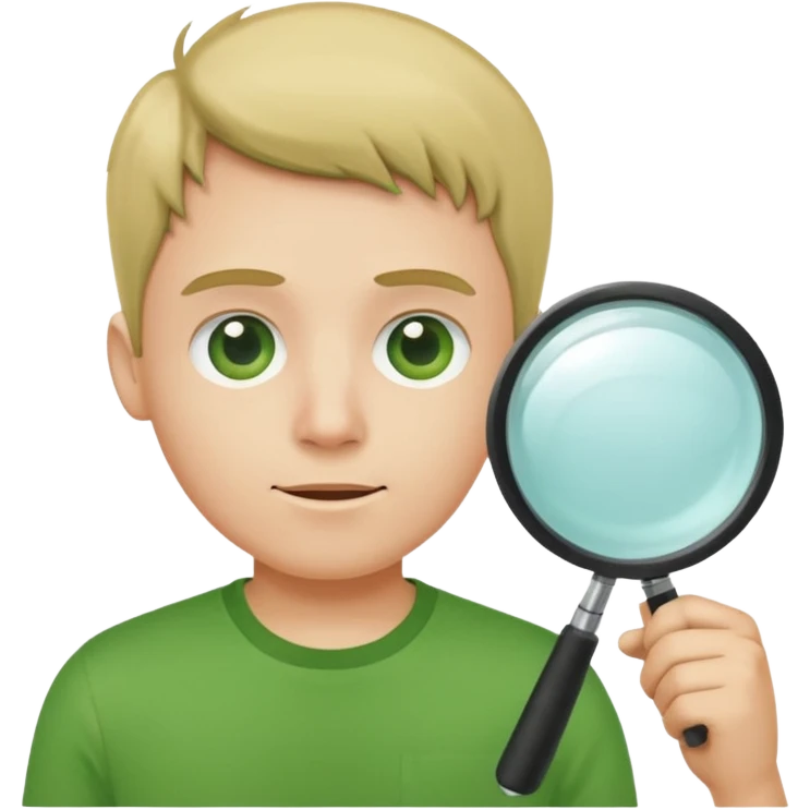 Человек в зеленой футболке , который смотрит в компьютер через лупу  emoji