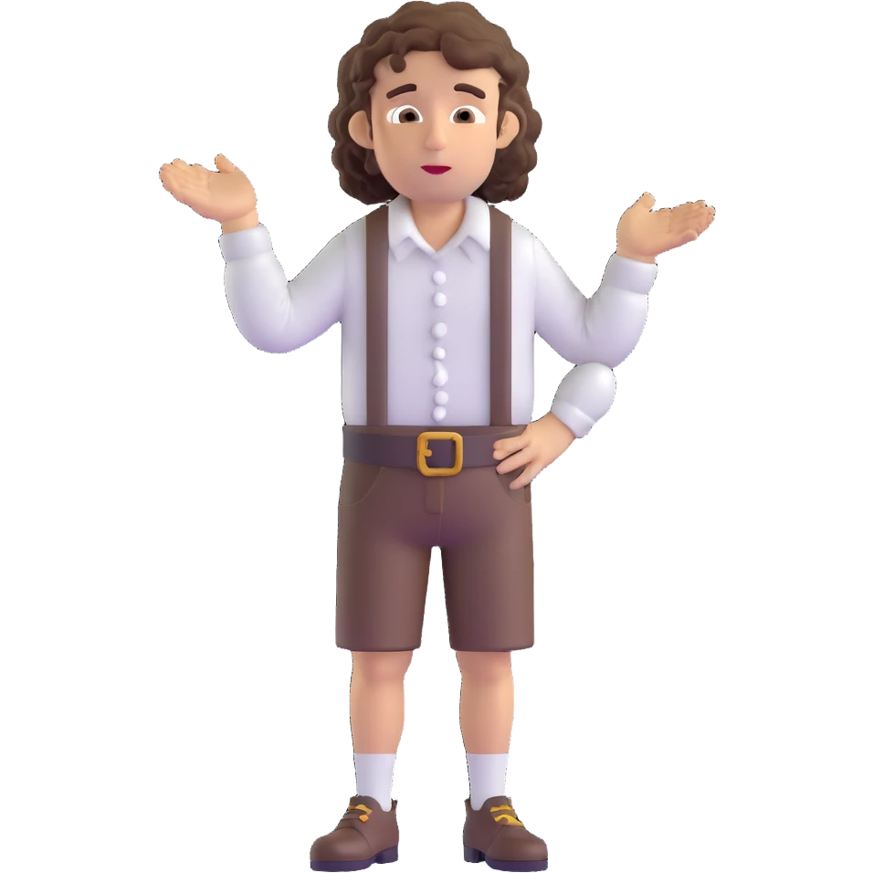 German person with brown curly hair in typical Bavarian clothing (lederhosen) shrugging and looking lost emoji