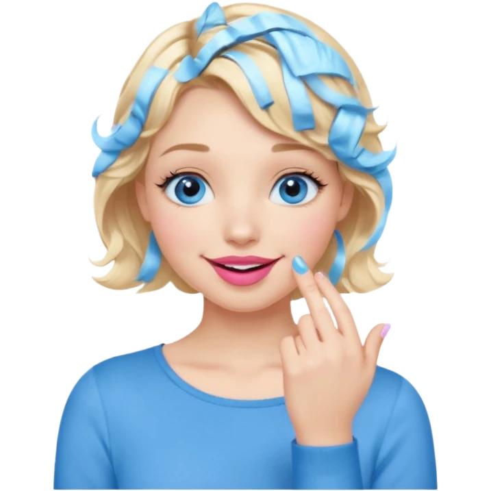 Girl Blonde short wavy hair,  blue eyes, cute blue top, long lashes, pink lips, smiling, hand covering the mouth emoji