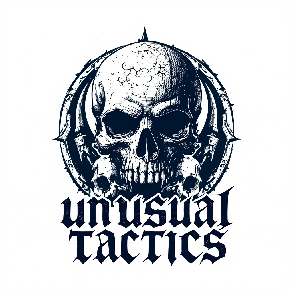 a logo, resembling that of metal band logo, for the text: "unusual tactics" emoji