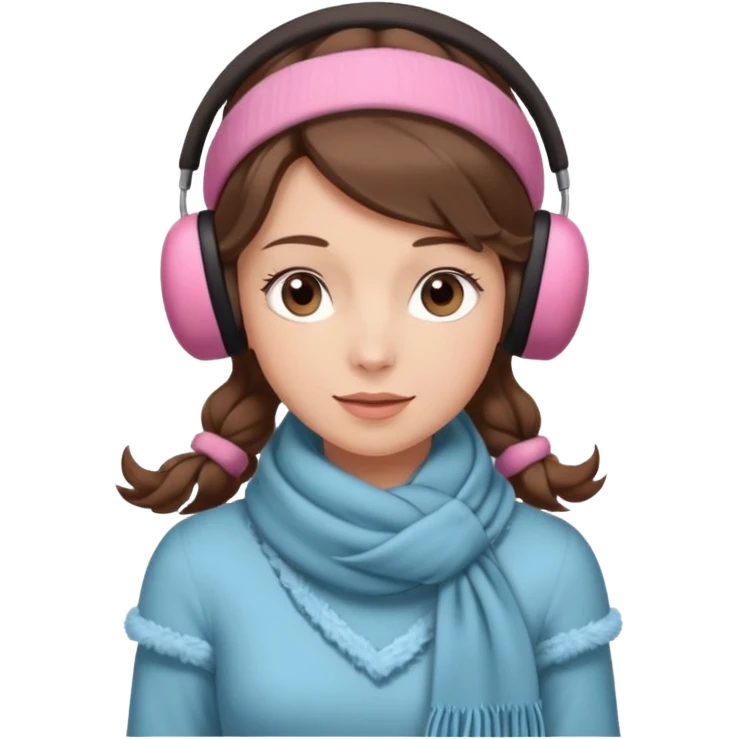 Victorian ice skater in a long dress. She is wearimg a scarf and earmuffs. She has boriwn hair. emoji