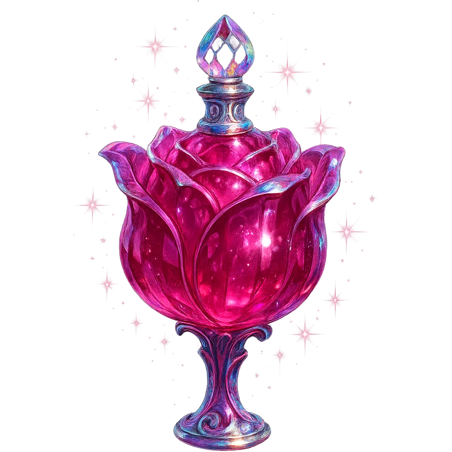 luxurious crystal elixir bottle in rose flower shape, deep pink color, ornate silver and iridescent details, magical glowing and sparkling effects, very small neck, seamless bottom, transparent background, bottle clearly floating in air, no base or shadow, modern, collection style emoji