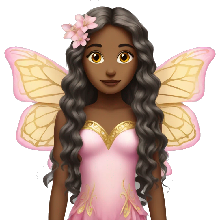 Beautiful, flower, fairy, pink, gold, long hair, butterfly wings emoji