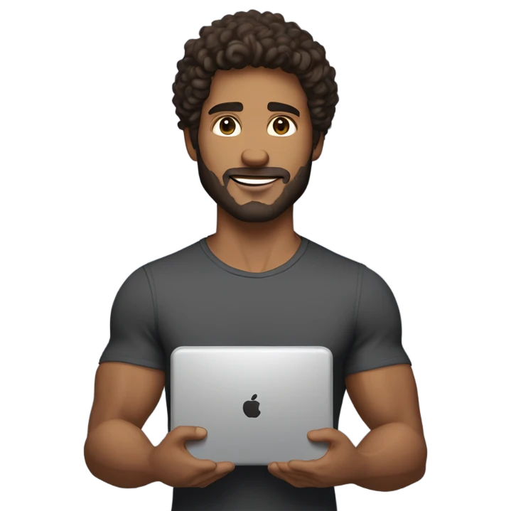 men carrying a computer in his hands. light brown skin men with curly dark brown hair, brown eyes, little grown beard. imposing, muscular build. dressed casual. emoji