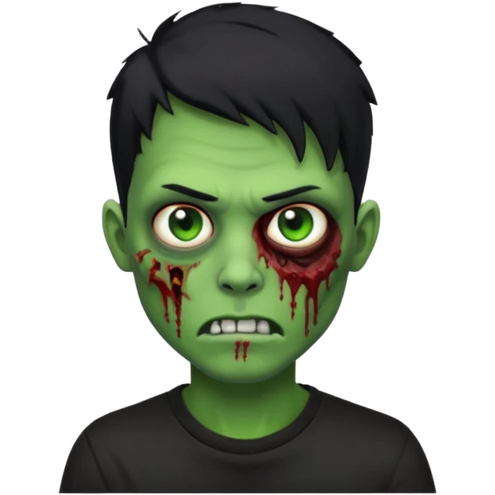 Zombie Emoji AppleIOS Style, lowfade Black Hair, nose piercing, and Black T-shirt, Green Skin emoji