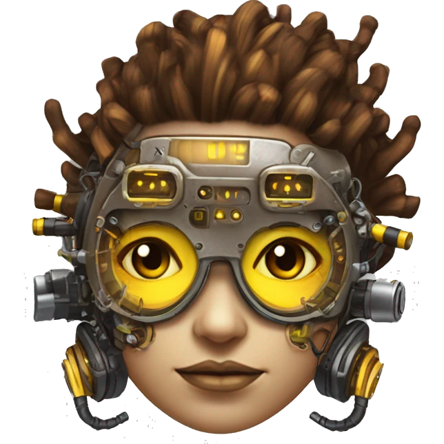 Brown with yellow streaks Mohawk hair female cyborg head, fair skin, steampunk goggles and circuits emoji