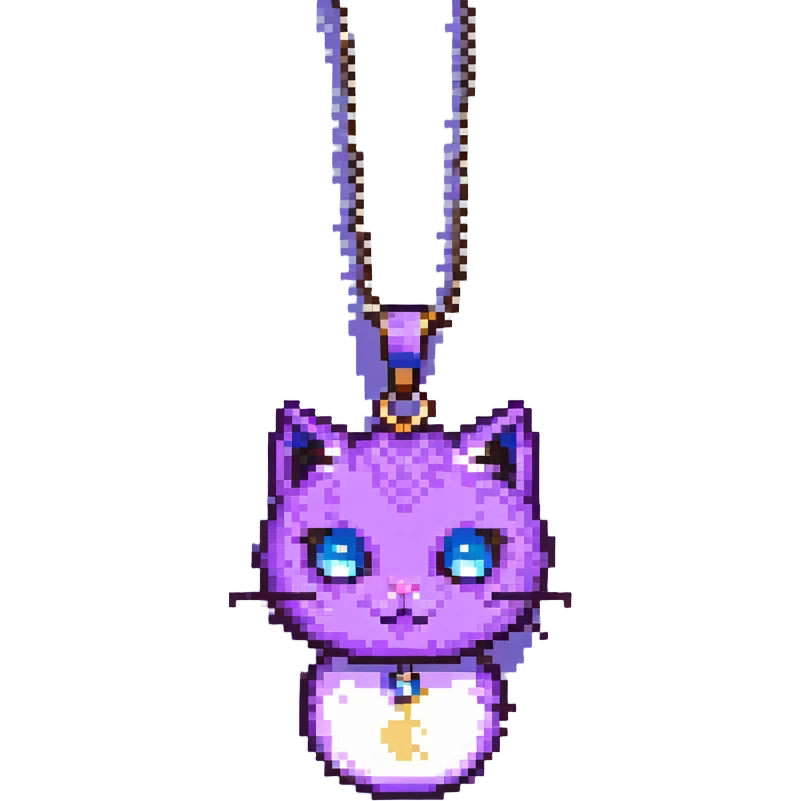pixel art purple cat, black left eye, white pupils, moon pendant emoji