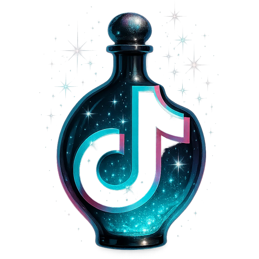 TikTok logo-shaped luxurious elixir bottle, black and cyan with pink accents, iridescent and silver details, extra intense magical glowing and sparkling effects, very small neck, seamless bottom, transparent background, floating, no base or shadow, modern, matching a collection emoji