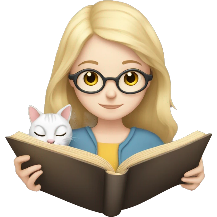 a pale skinned girl reading a book and a cat emoji