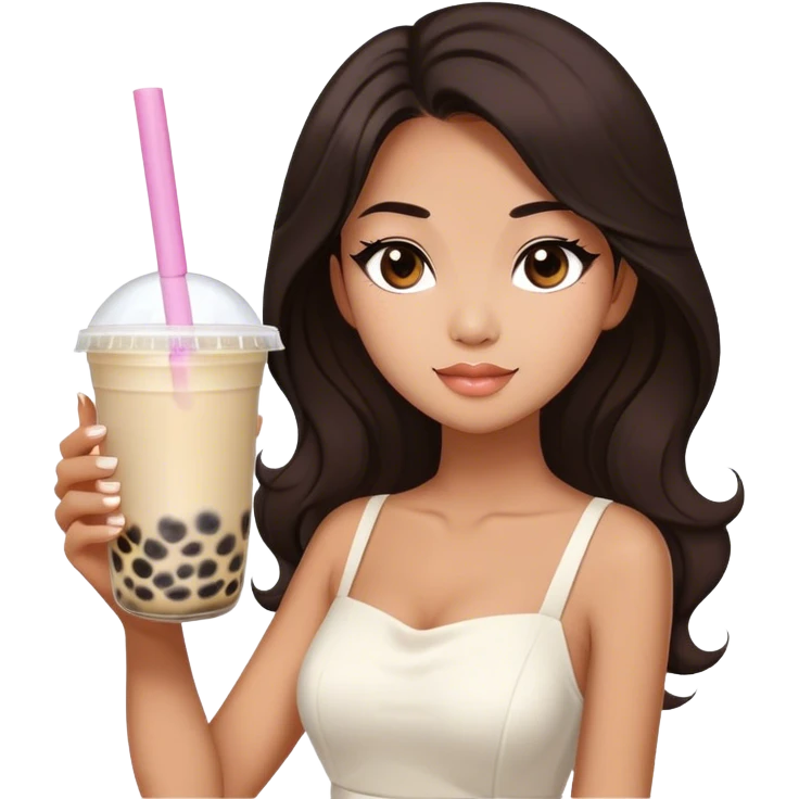 Beautiful woman in 1965’s woman fashion look, white dress, long dark brown hair, bubble tea emoji