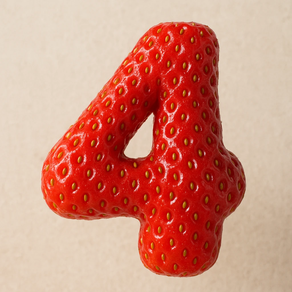 realistic textured number 4 made out of strawberry, with seeds and vibrant red color emoji