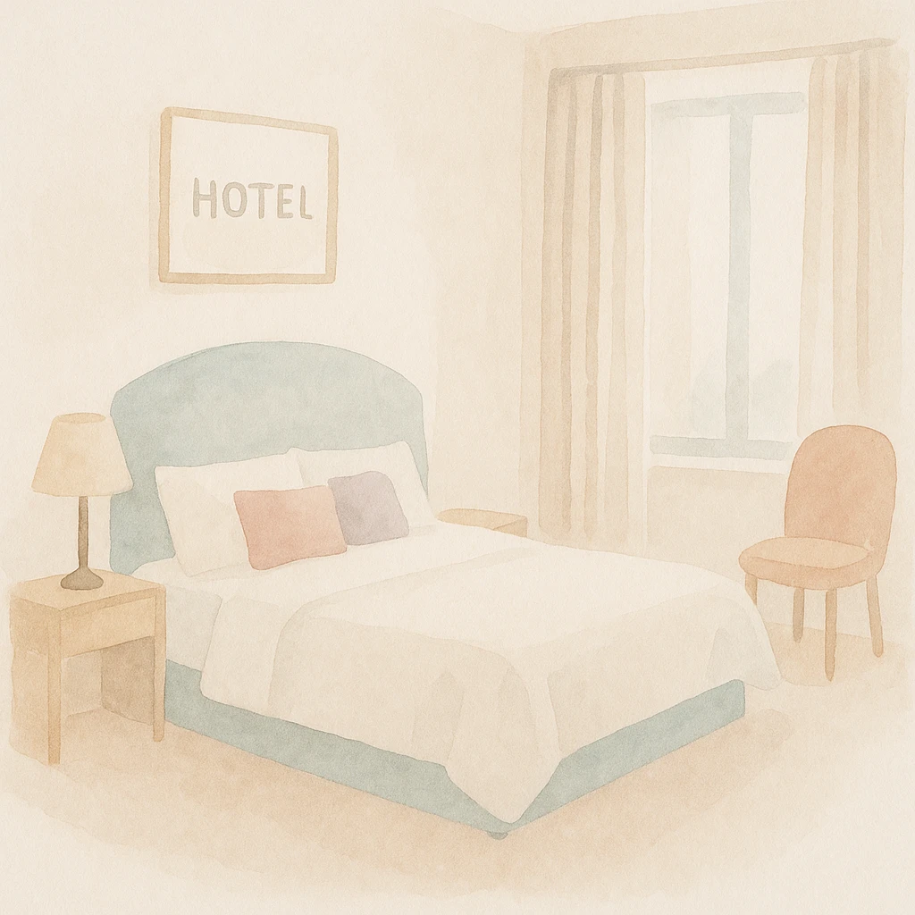 soft watercolor illustration in a minimalist modern style, pastel colors, delicate linework, gentle whimsical mood, minimal soft shading, single hotel room emoji