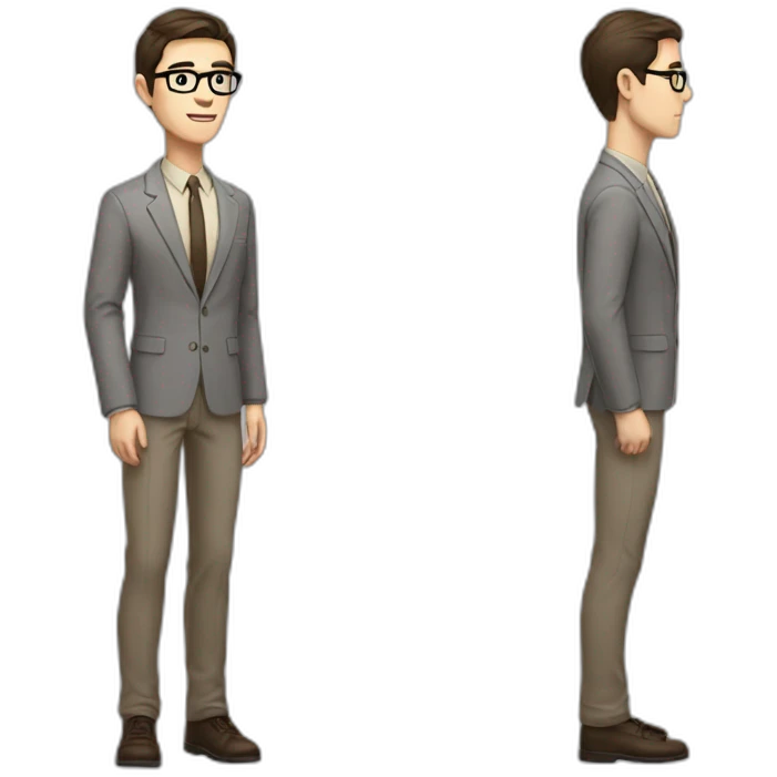 Full height Pale skinned fit man with dark brown hair in gray jacket, beige office shirt, brown tie, brown pants and vintage glasses. His right hand stretched out emoji