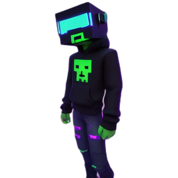 Minecraft Creeper wearing a black hoodie with "OMG" letters on it and VR headset in a cyberpunk VR environment with violet neon lighting. emoji