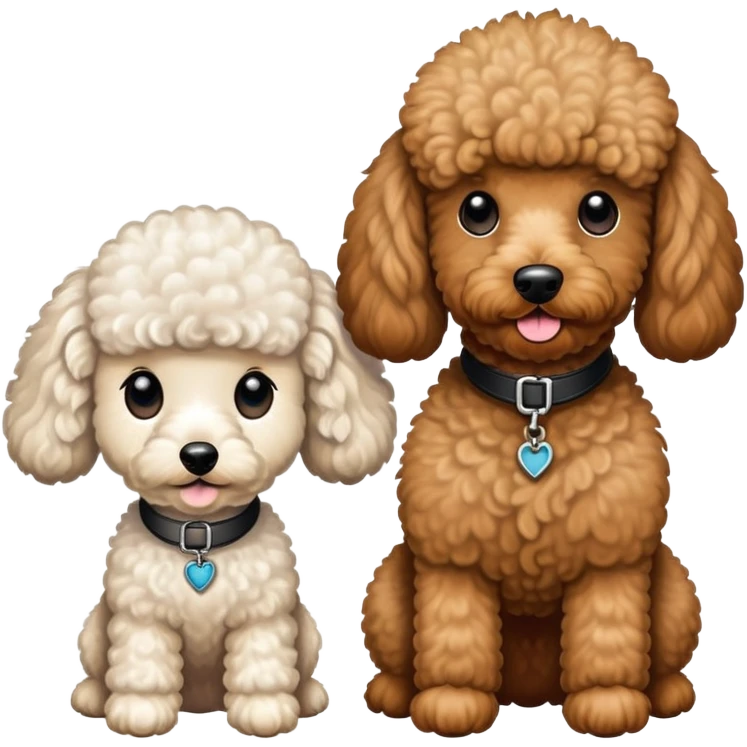 2 dogs, one is a tan Berenedoodle with a poodle cut, the other is a black Berenedoodle with white eyebrows . Make both same size emoji