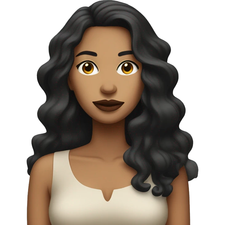 Tan woman with long wavy black hair and lips in straight expression  emoji