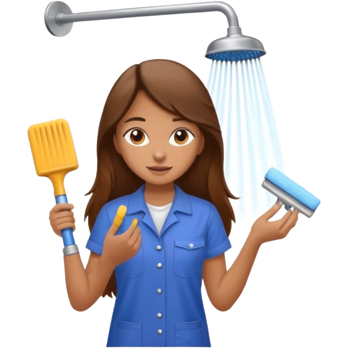 beautiful girl with long brown hair constructing new bathroom area with new shower and amenities  emoji