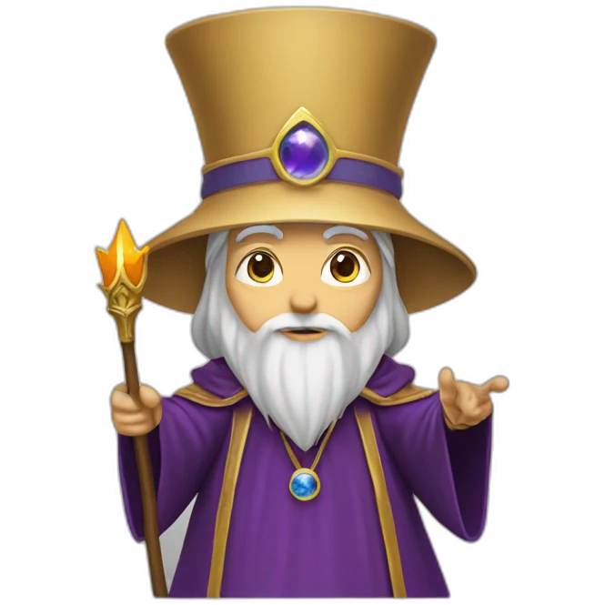 wizard in the style of Merlin, with the queen pointing upwards emoji
