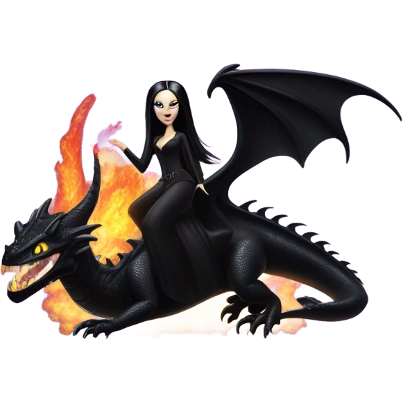 empowered beautifully dressed teen Morticia Addams Malibu Beach Barbie Jedi flying/riding on the back of a very large black shiny evil-looking fire-spewing horned dragon. proper scale emoji