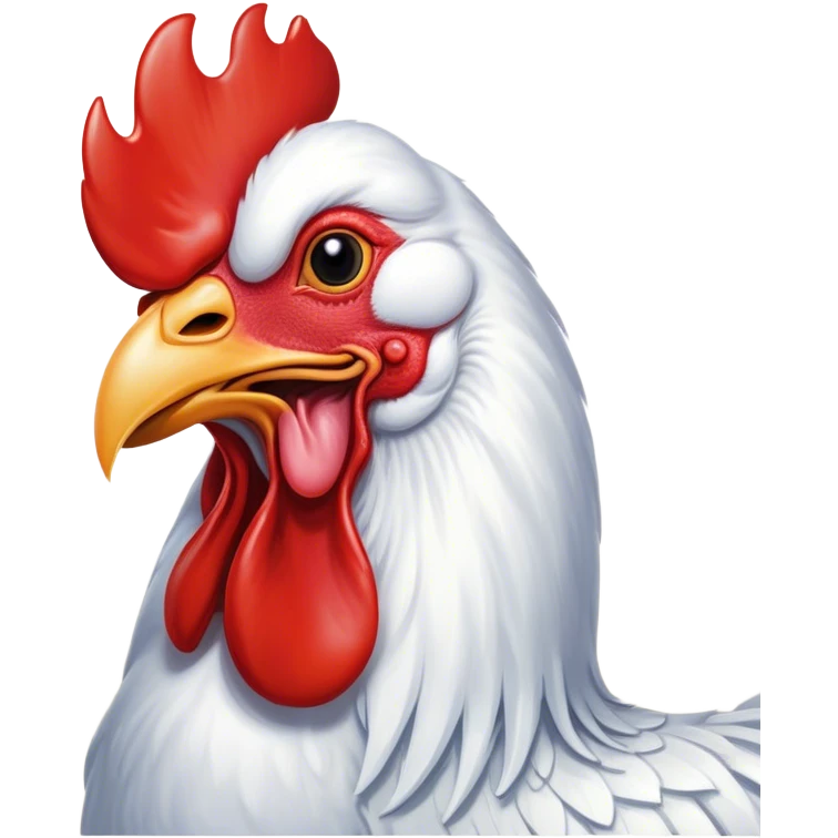 Cinematic Cute Yawning White Rooster Portrait Emoji, Head tilted slightly with a dramatic, wide-open yawn, showcasing a soft, downy white plumage with a crisp red comb and drooping wings, round eyes barely open in drowsy contentment, Simplified yet irresistibly adorable features, highly detailed, glowing with a soft, cozy glow, high shine, relaxed yet expressive, stylized with a touch of whimsy, bright and endearing, soft glowing outline, capturing the essence of a sleepy yet affectionate rooster, so drowsy it feels like it could stretch out of the screen and curl up for a nap! emoji