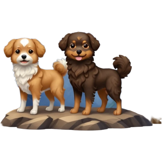 two dogs with wavy hair, one black and brown, one shades of brown with mountains emoji
