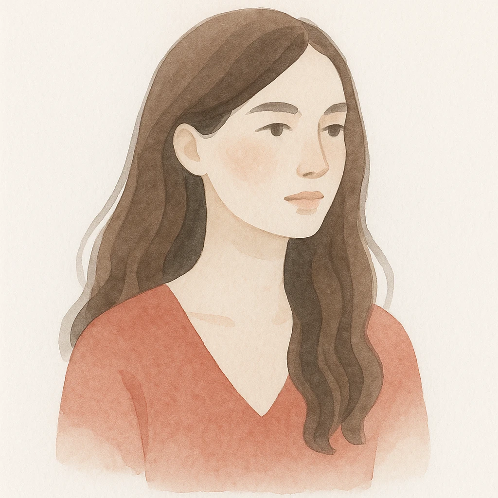 a woman with long chocolate brown hair wearing a red v-neck top, soft watercolor art style emoji
