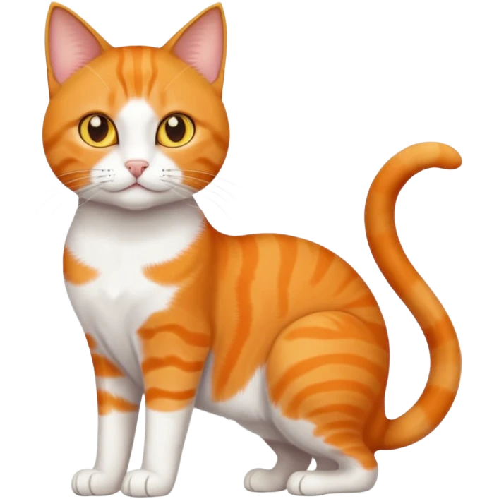 full body orange domestic shorthair slim cat with yellow/orange eyes paw being white and the other being half emoji