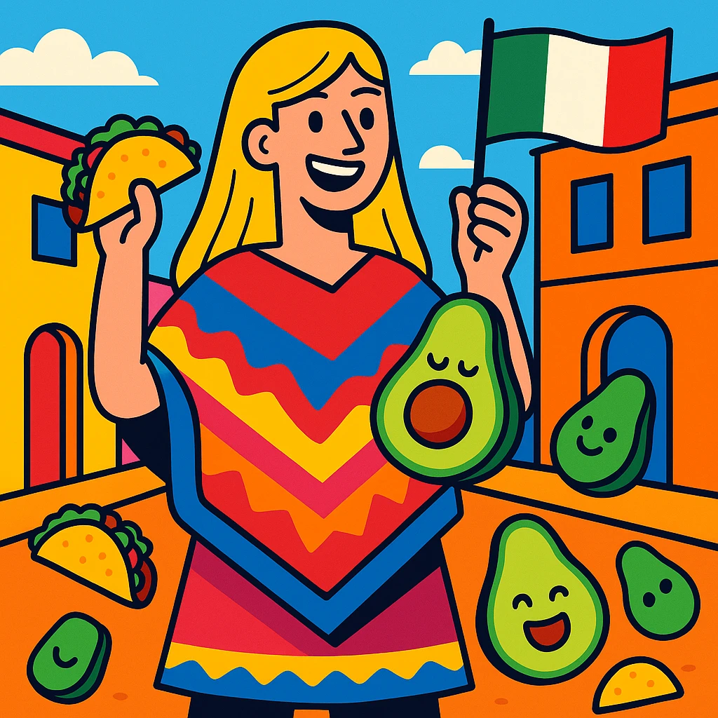 cartoon of a tall blonde woman smiling wearing a colorful poncho holding a taco and an avocado waving a Mexico flag surrounded by tacos and avocados on a lively street background with bright and bold colors emoji
