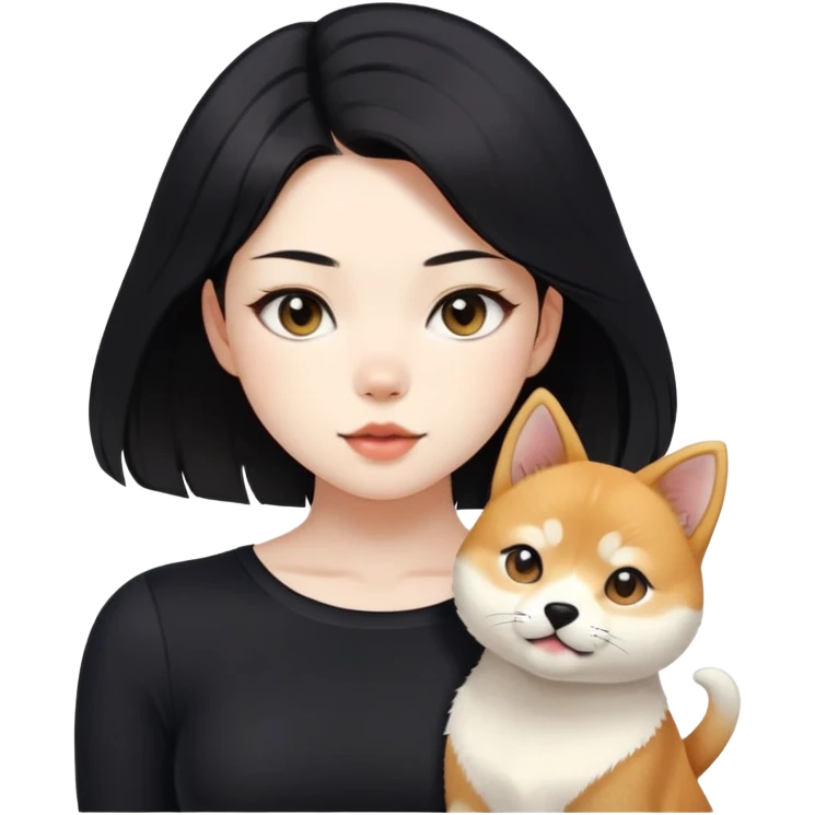 girl with black shoulder-length hair wearing a black tight-fitting top with a calico cat with white mouth and a shiba inu dog emoji