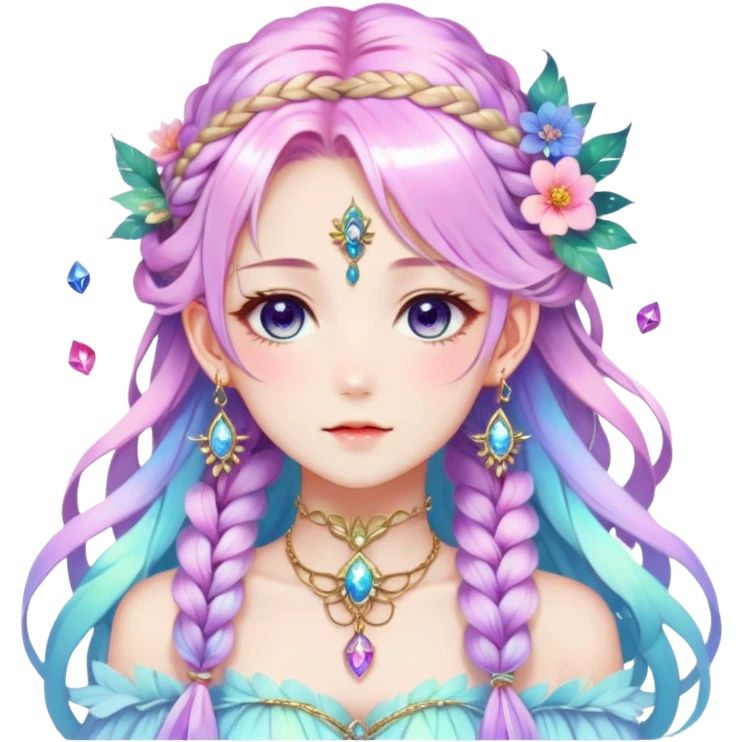Beautiful gorgeous anime lady with beautiful iridescent-nebula-braided-hair, fashion aesthetic, ethereal, fairycore, pastelcore, feather, flowers, gems, accessories, jewelries, gold, colorful emoji