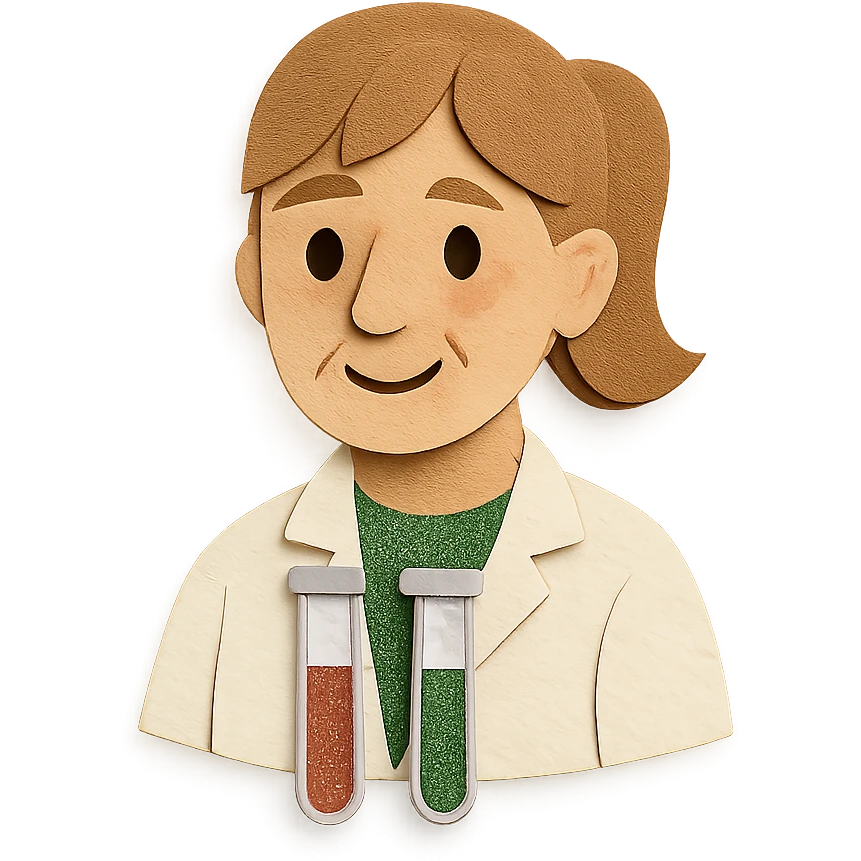 middle-aged science teacher, light brown hair in ponytail with bangs, brown eyes, with test tubes emoji