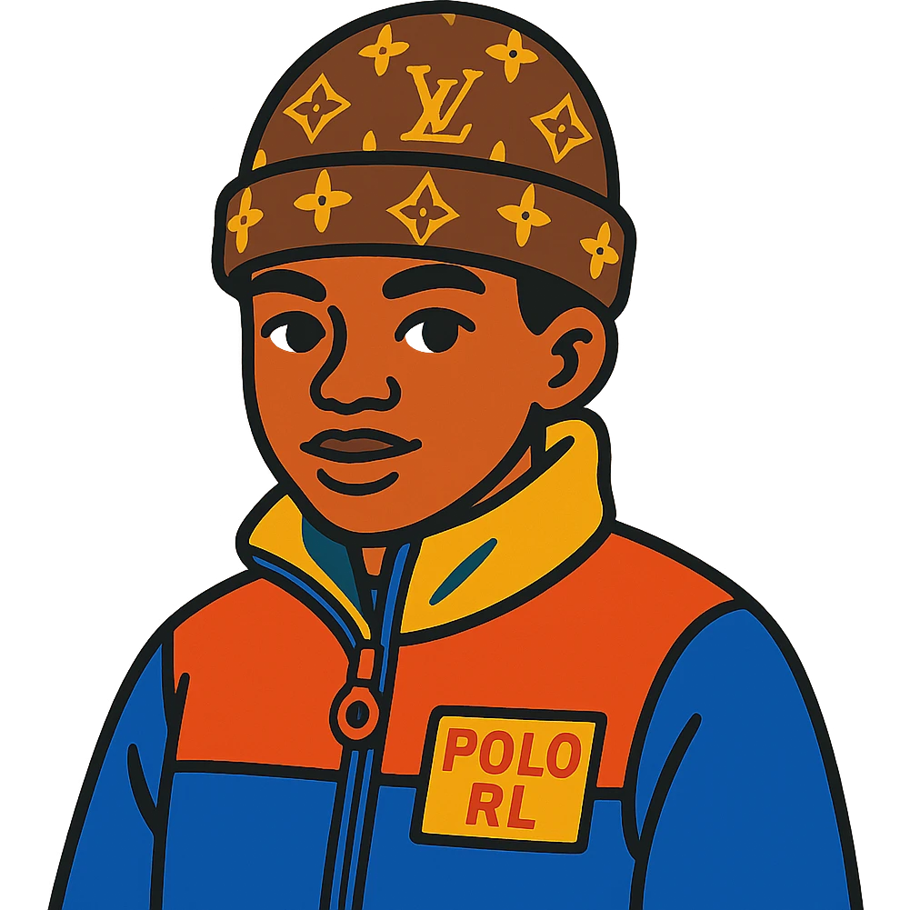 young person wearing a Louis Vuitton beanie and a Ralph Lauren Gorham jacket emoji