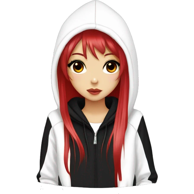 hime gyaru girl, long straight black and red hair, dark makeup, white hoodie with black logo on front emoji
