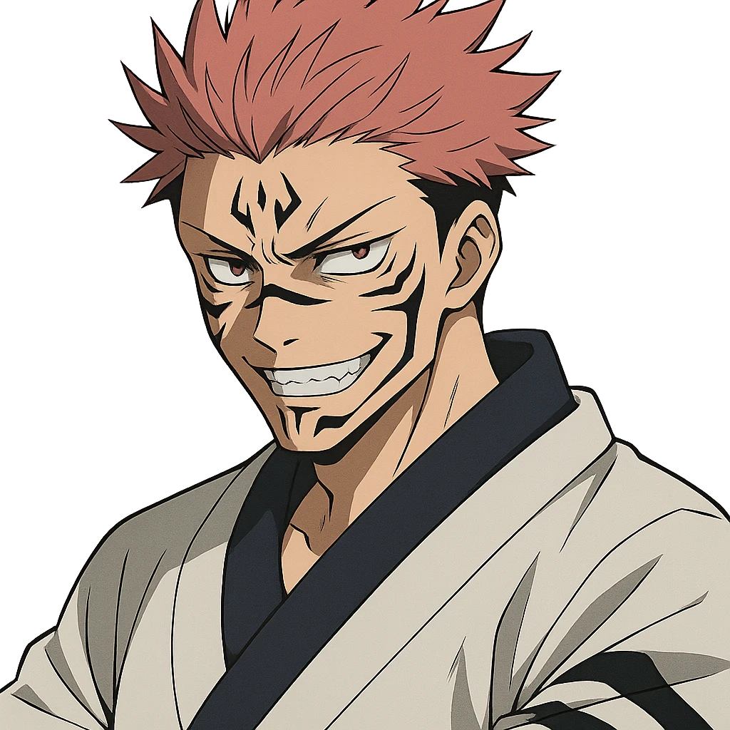 Ryomen Sukuna inspired by Jujutsu Kaisen, menacing expression, iconic markings, spiky hair, anime style emoji