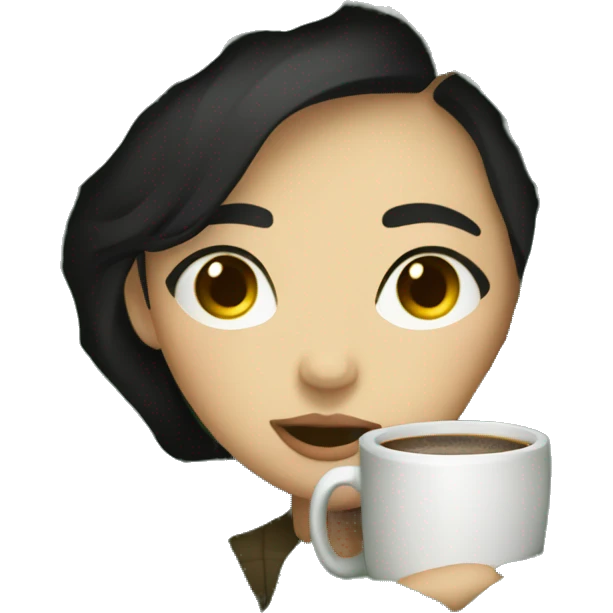 girl brunette with short black hair inside a dark green blanket sipping coffee eyes closed emoji