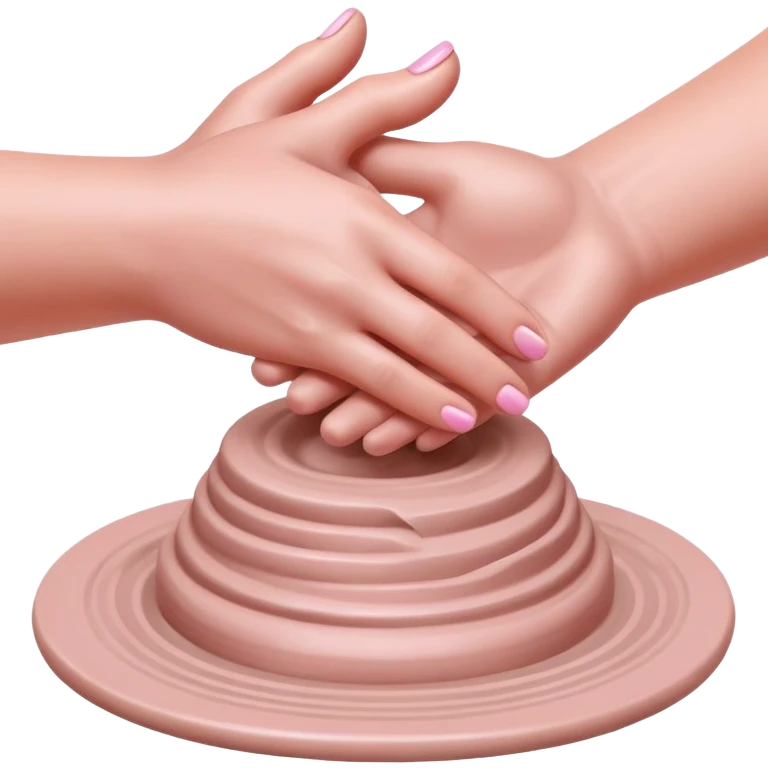 hands performing palm hug gesture on a pink mound of clay on a silver pottery wheel, gently hugging the clay to maintain moisture emoji