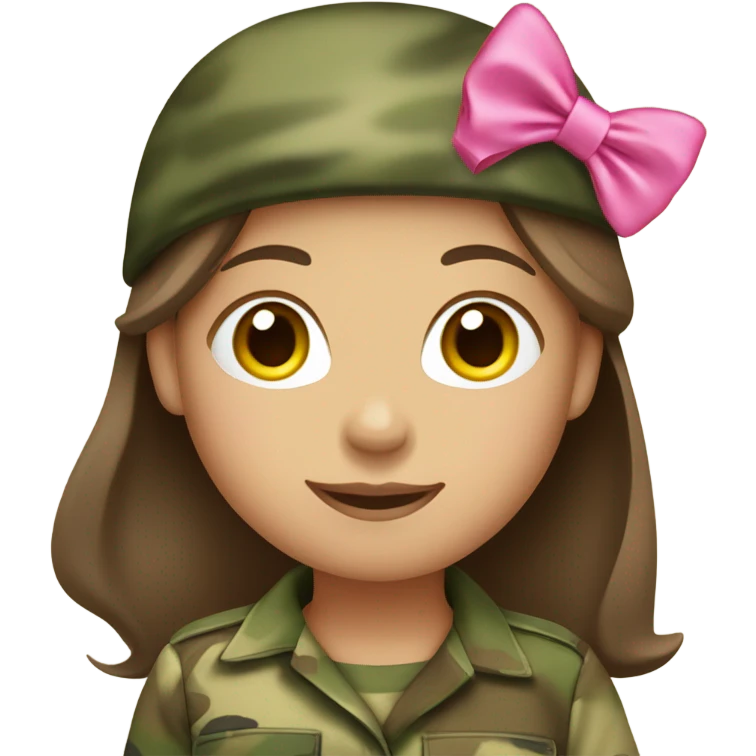 girl wearing camouflage saluting with pink bow on head and brown hair and heels on feet emoji emoji