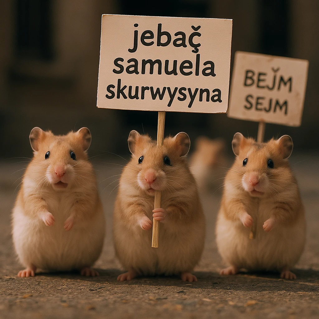 Cinematic shot of a group of hamsters takes over polish sejm. some of them has signs with "jebać samuela skurwysyna". emoji