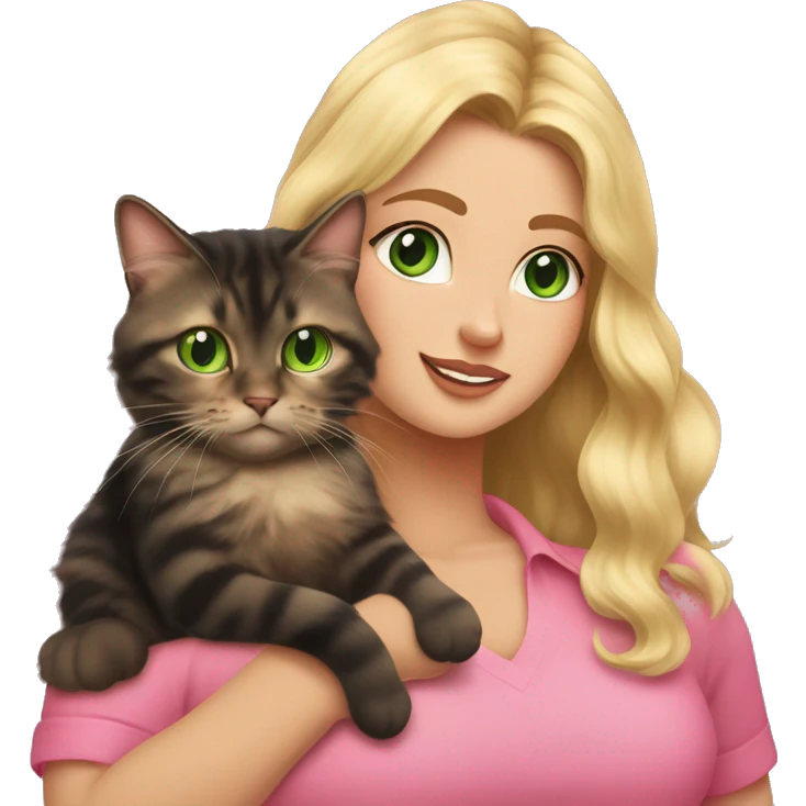 woman with green eyes and long wavy blonde hair and big boobs in a pink shirt is holding a very fluffy and fat black and tortoiseshell cat emoji