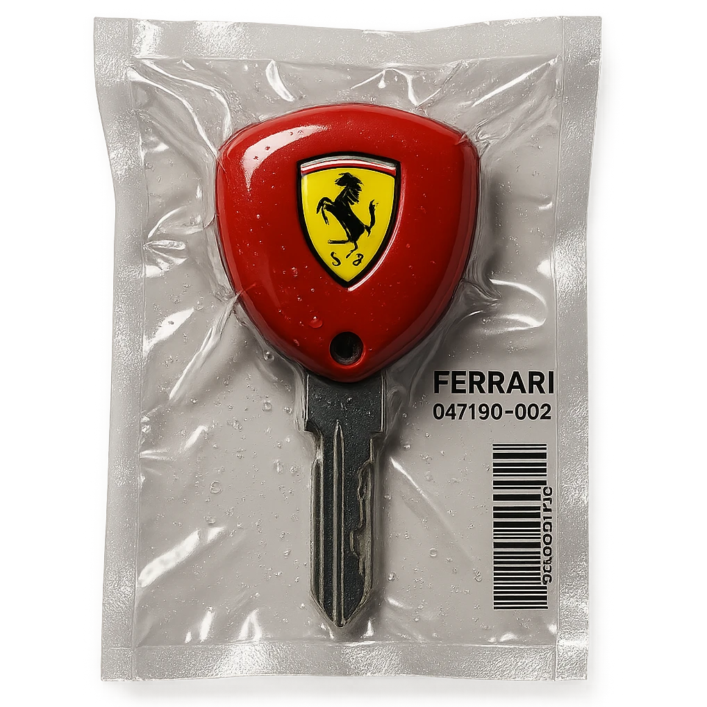 classic Ferrari car key, red with yellow Ferrari badge, chrome key blade, glossy emoji