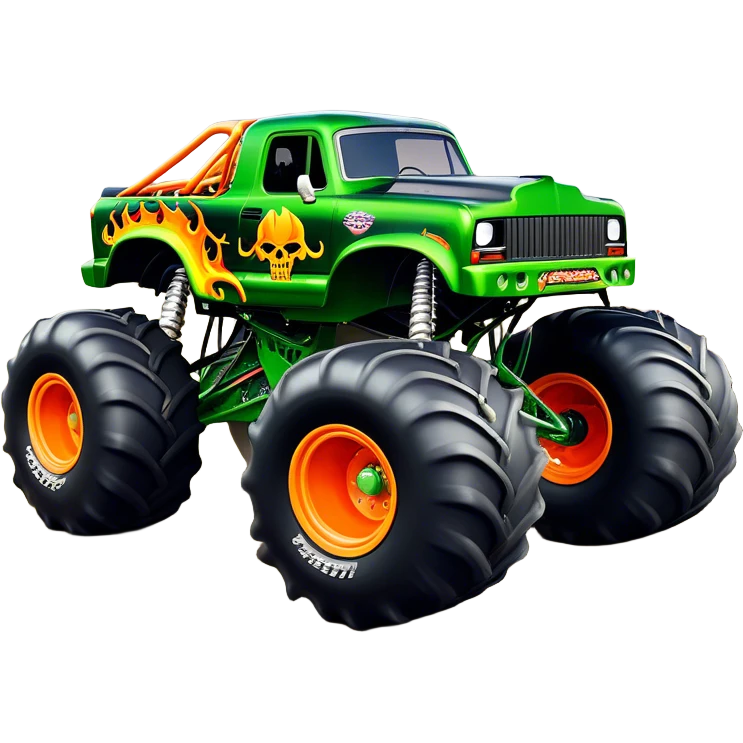 Grave Digger - Monster Jam (Model Year: 2022) (Iconic colour: Green with flames) - A legendary monster truck with a fearsome design: predominantly deep green with dynamic, vibrant flame graphics in bright orange and yellow. Highlight its rough, edgy bodywork and an aura of untamed rebellion. emoji