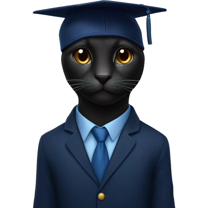 The student is a black wool cat in a dark blue suit and a square academic dark blue cap emoji