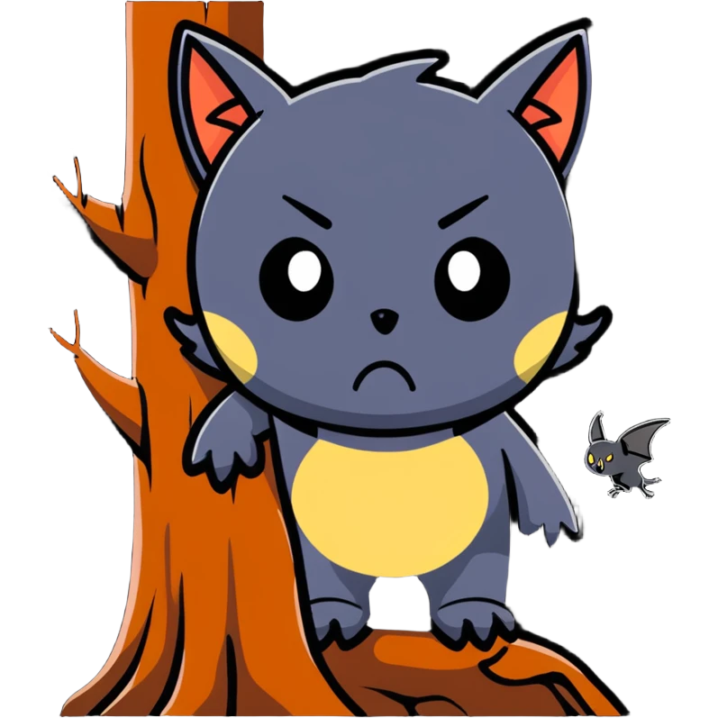 tree trunk with a face and a bat emoji