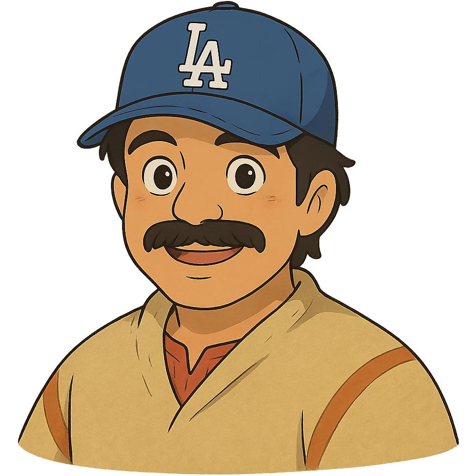 ghibli style Mexican character with Dodgers hat, friendly expression emoji