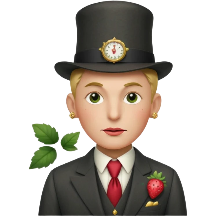 Pretentious cartoon strawberry in a tailored charcoal three‑piece suit, leaf‑cap styled like a pompadour, gold‑stud seeds, sugar‑glass monocle, licorice cane, smug expression; clean vector style, flat shading, cream background, rich crimson/forest‑green palette, 3/4 view, elegant lighting.
 emoji