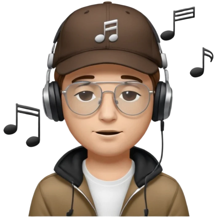 dj man white with baseball cap - rayban glasses - brown hair - closed eyes with headphones on with musical note over head (listening to music ) emoji