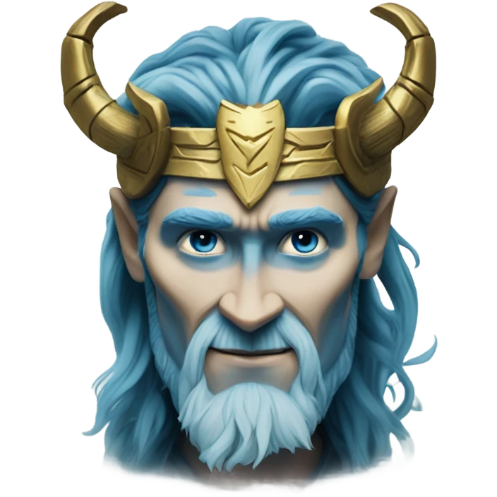 Frost giant Loki with tom Hiddleston face from Thor 1 blue skin with deeper blue runas on it, black hair, Gold crown with horns emoji