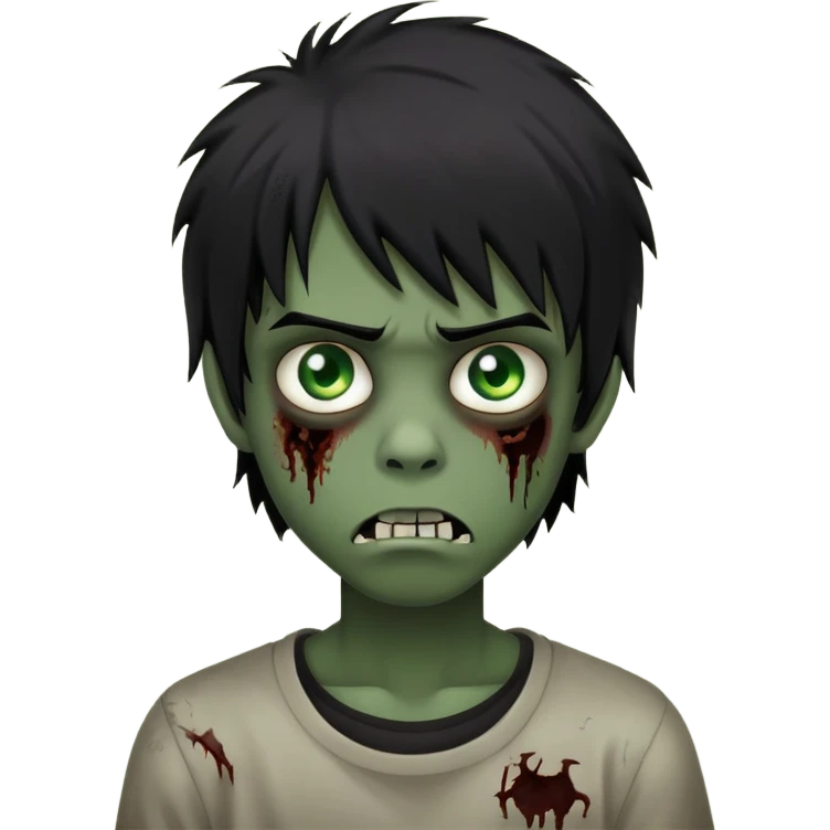 Boy, zombie, black hair, medium long, emo, shaggy, dark, spooky, creepy expression, green eyes emoji